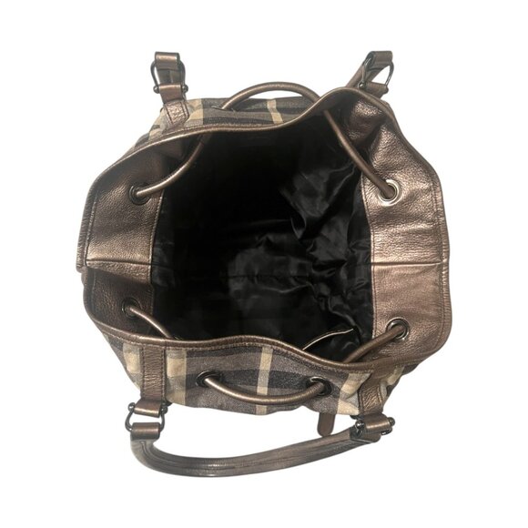 BURBERRY Metallic/Grey House Check Shimmer Fabric/ Leather Drawstring Buckle Bag - Picture 7 of 7